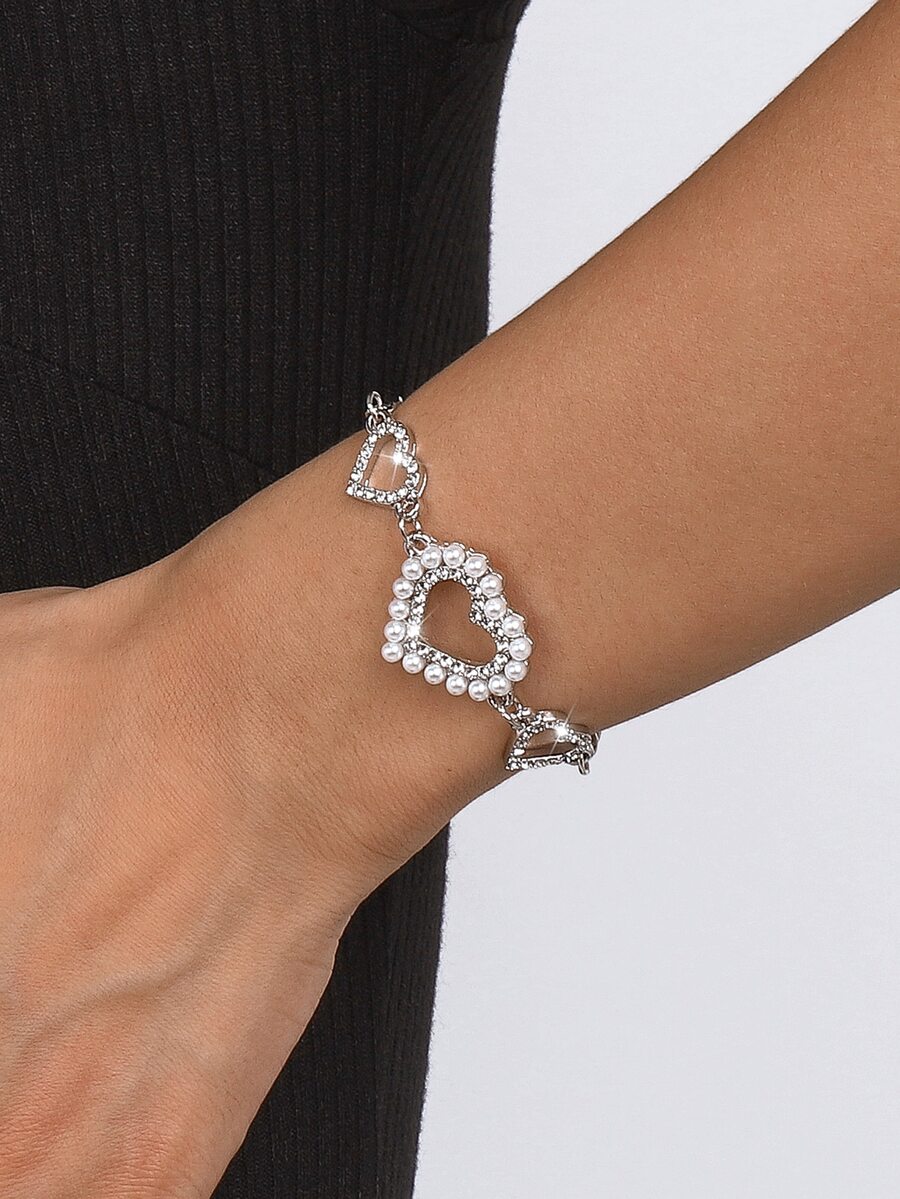 Rhinestone Heart & Faux Pearl Decor Bracelet - Silver - View 1