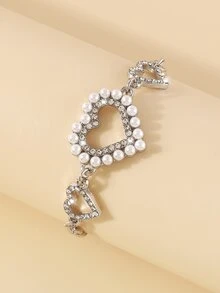 Rhinestone Heart & Faux Pearl Decor Bracelet - Silver - View 5