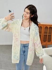 Teen Girl Graphic Pattern Drop Shoulder Duster Cardigan - Multicolor - View 3