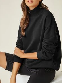 Cottnline Mock Neck Drop Shoulder Pullover - Black - View 4
