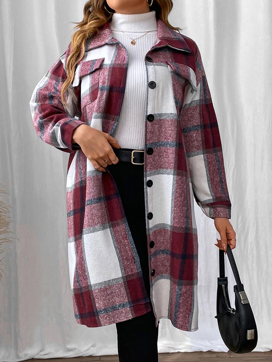 SHEIN LUNE Plus Plaid Print Drop Shoulder Coat Fall Winter Cloth For Women Autumn - Burgundy - View 1