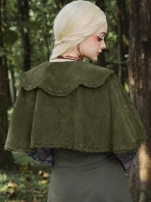 ROMWE Fairycore Solid Corduroy Cape Coat - Army Green - View 2