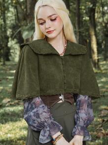 ROMWE Fairycore Solid Corduroy Cape Coat - Army Green - View 4