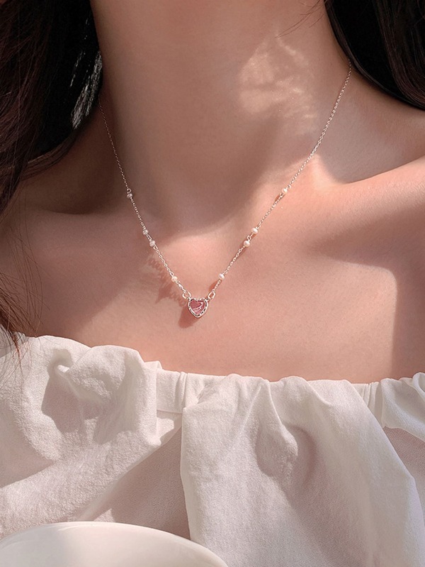 Faux Pearl Decor Rhinestone Heart Pendant Necklace Valentines