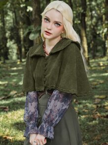 ROMWE Fairycore Solid Corduroy Cape Coat - Army Green - View 5