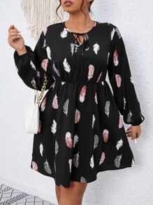 SHEIN Unity Plus Feather Print Tie Neck Lantern Sleeve Dress - Black - View 1