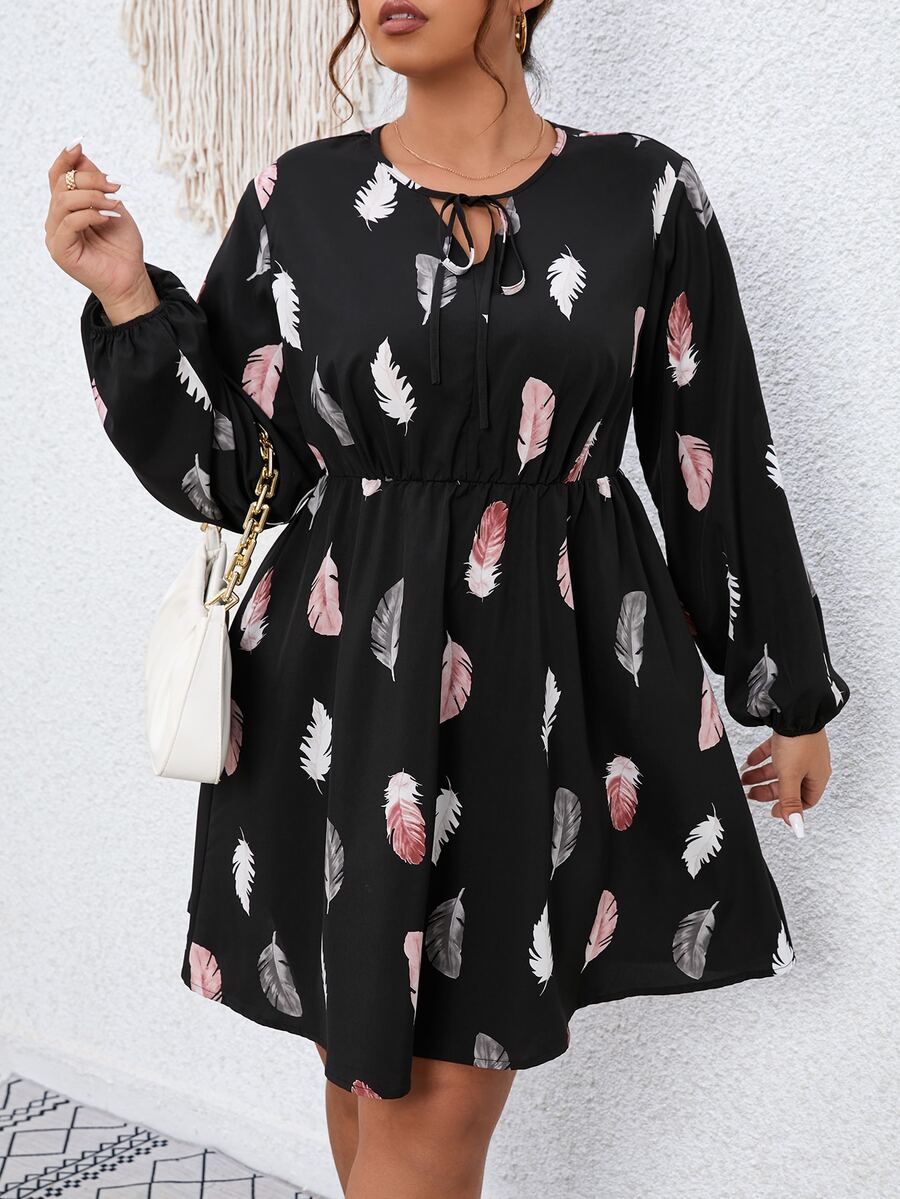 SHEIN Unity Plus Feather Print Tie Neck Lantern Sleeve Dress - Black - View 1