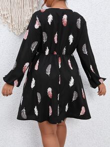 SHEIN Unity Plus Feather Print Tie Neck Lantern Sleeve Dress - Black - View 2