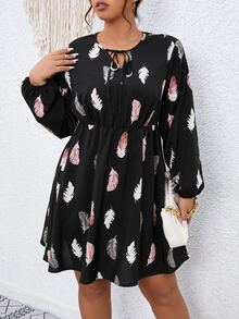 SHEIN Unity Plus Feather Print Tie Neck Lantern Sleeve Dress - Black - View 3