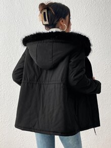 SHEIN Essnce 腰部抽繩毛茸邊連帽派克大衣 - 黑色 - 查看 2