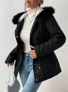SHEIN Essnce 腰部抽繩毛茸邊連帽派克大衣 - 黑色 - 查看 3