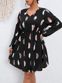 SHEIN Unity Plus Feather Print Tie Neck Lantern Sleeve Dress - Black - View 5