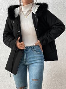 SHEIN Essnce 腰部抽繩毛茸邊連帽派克大衣 - 黑色 - 查看 4