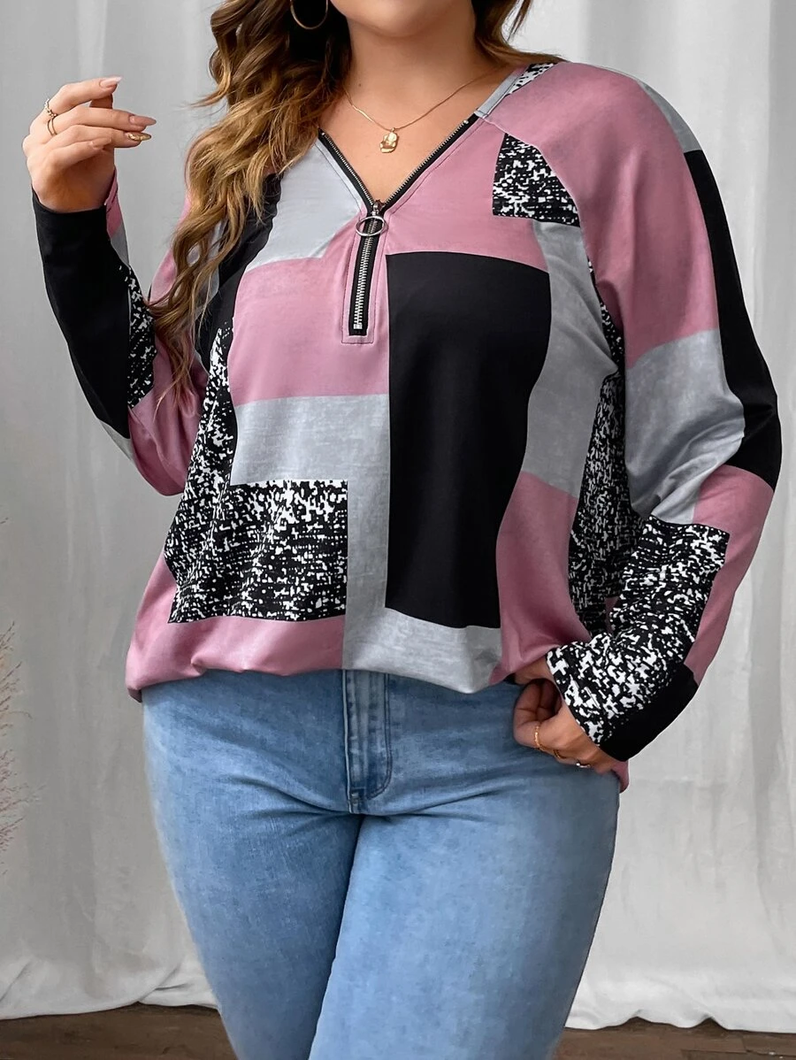 SHEIN LUNE 大碼撞色插肩袖半拉鏈T恤