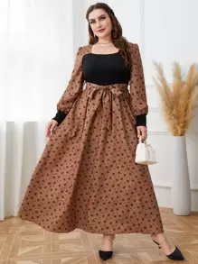 Mulvari Vestido con cinturón con estampado floral de manga farol - Multicolor - Ver 1