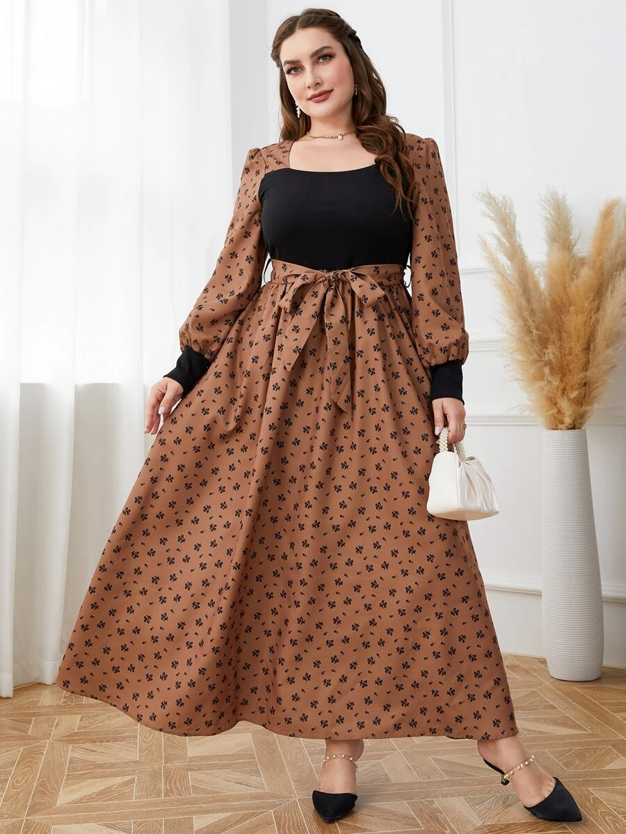 Mulvari Vestido con cinturón con estampado floral de manga farol - Multicolor - Ver 1