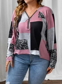 SHEIN LUNE 大碼撞色插肩袖半拉鏈T恤