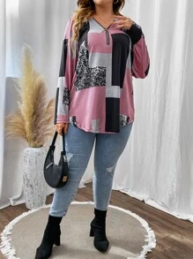 SHEIN LUNE 大碼撞色插肩袖半拉鏈T恤