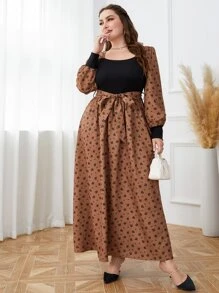 Mulvari Vestido con cinturón con estampado floral de manga farol - Multicolor - Ver 4