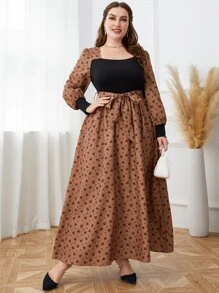 Mulvari Vestido con cinturón con estampado floral de manga farol - Multicolor - Ver 6