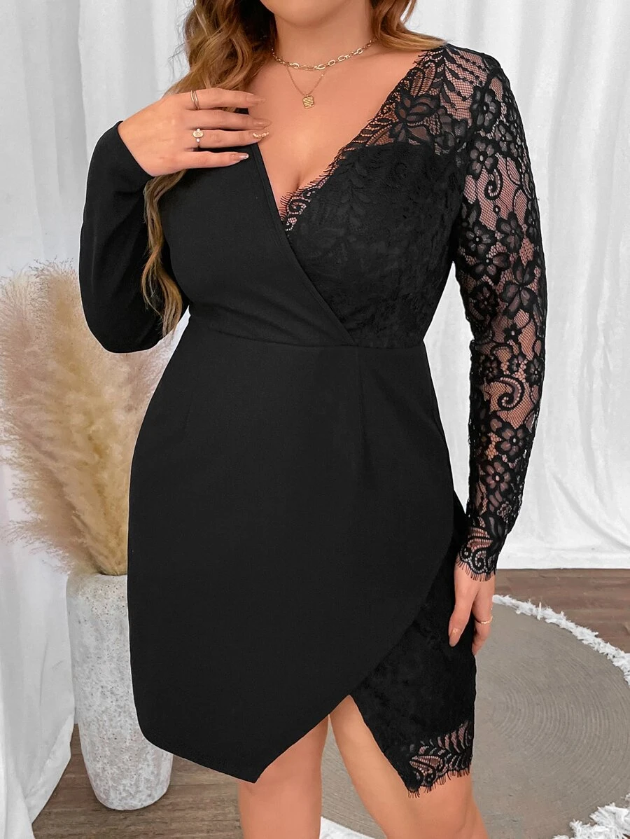 SHEIN Clasi 大碼拼接睫毛蕾絲圍裹洋裝 - 黑色 - 查看 1