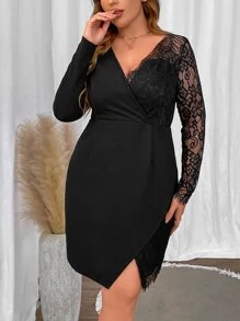 SHEIN Clasi 大碼拼接睫毛蕾絲圍裹洋裝 - 黑色 - 查看 7