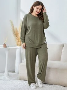 Mulvari Plus Patched Detail Drop Shoulder Sweatshirt & Trousers - Army Green - View 4