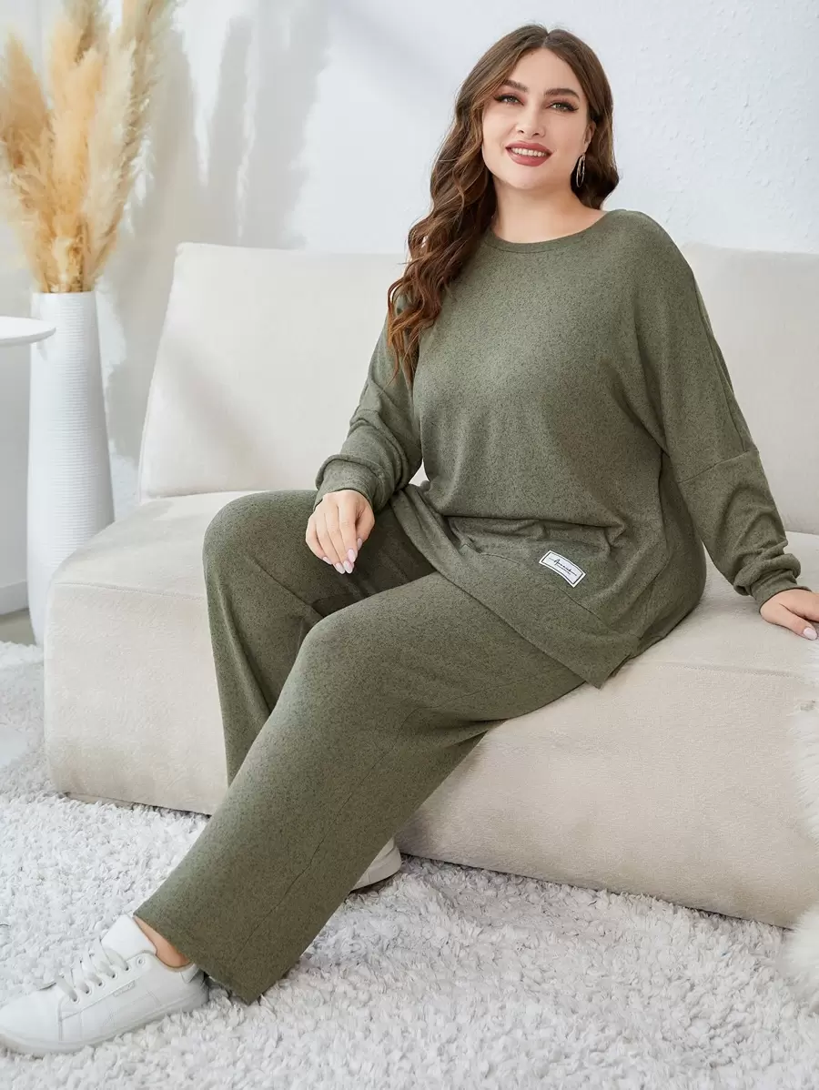 Mulvari Plus Patched Detail Drop Shoulder Sweatshirt & Trousers - Army Green - View 1