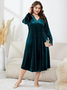 Modelyn Plus Notched Neck Pleated Velvet Dress - Teal Blue - View 1