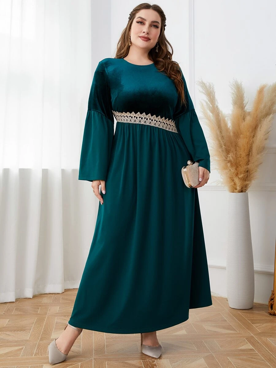 Al Najma Plus Guipure Lace Insert Flounce Sleeve Dress - Teal Blue - View 1