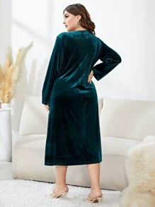 Modelyn Plus Notched Neck Pleated Velvet Dress - Teal Blue - View 2