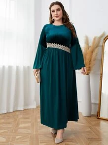 Al Najma Plus Guipure Lace Insert Flounce Sleeve Dress - Teal Blue - View 3