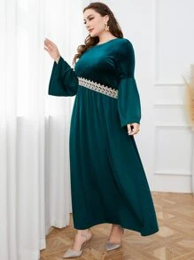 Al Najma Plus Guipure Lace Insert Flounce Sleeve Dress - Teal Blue - View 4