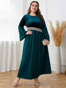 Al Najma Plus Guipure Lace Insert Flounce Sleeve Dress - Teal Blue - View 5