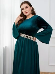 Al Najma Plus Guipure Lace Insert Flounce Sleeve Dress - Teal Blue - View 6