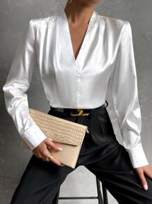 SHEIN Privé Solid V Neck Satin Blouse - White - View 3