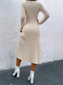 SHEIN Clasi Solid Ribbed Knit Sweater Dress - Beige - View 2