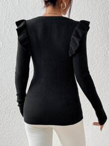 SHEIN Privé 秋冬珍珠串珠荷叶边毛衣 - 黑色 - 查看 2