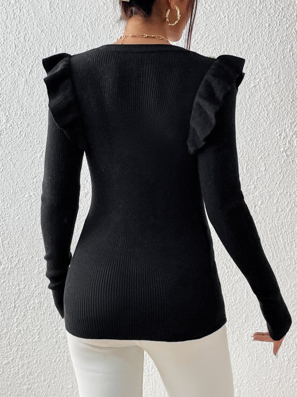 Pearls Beaded Ruffle Trim Sweater In Fall/Winter