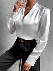 SHEIN Privé Solid V Neck Satin Blouse - White - View 4