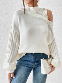 SHEIN Privé Asymmetrical Neck Drop Shoulder Sweater - Beige - View 1