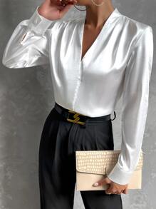 SHEIN Privé Solid V Neck Satin Blouse - White - View 5