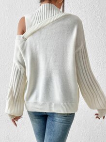 SHEIN Privé Asymmetrical Neck Drop Shoulder Sweater - Beige - View 2