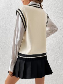 SHEIN Unity 1pc Letter Patched Striped Trim Cricket Sweater Vest - Apricot - View 2