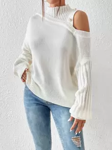 SHEIN Privé Asymmetrical Neck Drop Shoulder Sweater - Beige - View 3