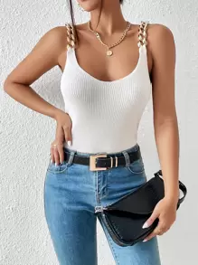 SHEIN Privé Áo dệt kim nữ Chuỗi Gân đan màu trơn Giải trí - trắng - Xem 4