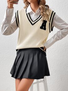 SHEIN Unity 1pc Letter Patched Striped Trim Cricket Sweater Vest - Apricot - View 3