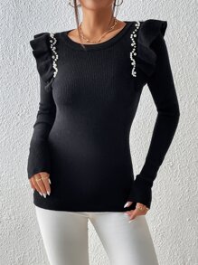 SHEIN Privé 秋冬珍珠串珠荷叶边毛衣 - 黑色 - 查看 5