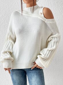 SHEIN Privé Asymmetrical Neck Drop Shoulder Sweater - Beige - View 4