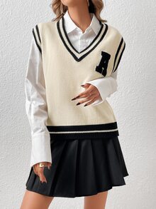 SHEIN Unity 1pc Letter Patched Striped Trim Cricket Sweater Vest - Apricot - View 4